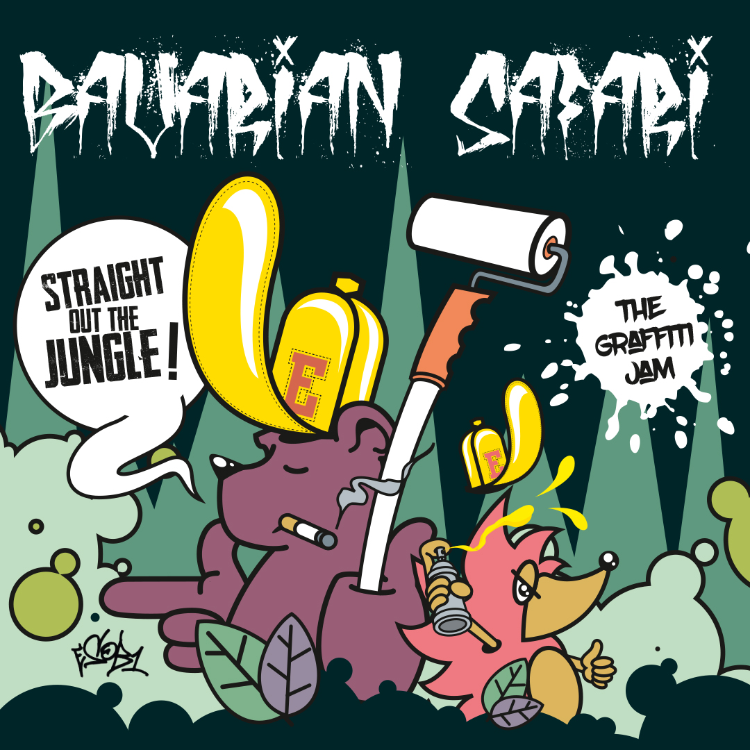 Graffiti Jam in Landsberg von ErwaOne - Poster. ein Bär mit Farbroller und ein Igel mit Sprühdose stehen im Vordergrund. Sprechblase Bär: Straight out the Jungle. Veranstaltungsdatum 9.09.2023 & 10.09.2023 in der Kelvinstraße 1, 86899 Landsberg am Lech