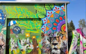 Bavarian Safari Graffiti Jam Landsberg 2023 Hauptfassade bunt bemalt grüner hintergrund, O-bomb aus mariokart, Graffito, Streetart Löwe und Mandala