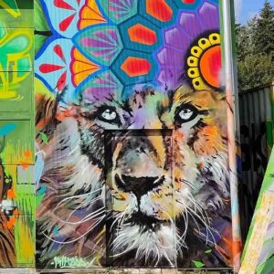 Bavarian Safari Graffiti Jam Landsberg 2023 streetart Löwe by Kimzoo buntes Mandala by Singe graffiti auf Fassade Gewerbehalle Industriegebiet Landsberg