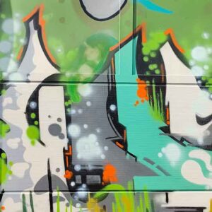Bavarian Safari Graffiti Jam Landsberg 2023 Detail Graffiti von Einar, bunte Formen und Linien orange, grau, beige, grün