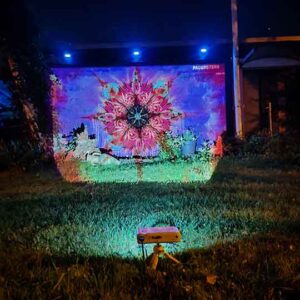 Neue Ornamente - Secret city Fassadenfestival - Paderborn - 2023, das fertige Wandbild wird nachts mithilfe eines Beamers ausgeleuchtet und verändert sein Erscheinungsbild und interagiert mit Licht, Schablonen Streetart Konzept by Erwa.One