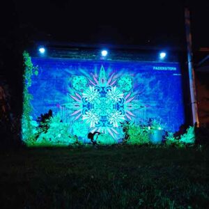 Neue Ornamente - Secret city Fassadenfestival - Paderborn - 2023, das fertige Wandbild wird nachts mithilfe eines Beamers ausgeleuchtet und verändert sein Erscheinungsbild und interagiert mit Licht, Schablonen Streetart konzept by Erwa.One