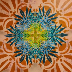 Künstlerische Auftragsarbeit Innenraumgestaltung durch Erwa.One. Fertige Wandgestaltung querformat Neue Ornamente Schablonen-Kunst mit Stencil gesprüht