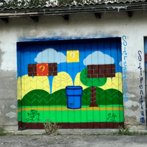 U27 Streetart Stipendium Landsberg 2024: Mario Welt auf einem Garagentor Gestaltung durch Bjarne in Schondorf am Ammersee, neben der Realschule, buntes Streetartbild