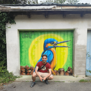 ErwaOne Kunstwerk Eisvogel Urbane Kunst Streetart in Schondorf am Ammersee auf einem Garagentor