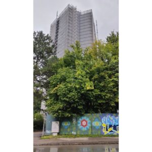 Peace Tower Jam am zukünftigen Studentenwohnheim Lechbrücke in Augsburg. Streetart und Graffiti auf Bauzäunen sorgen für Farbe und Miteinander. Der Turm ragt im Hintergrund in die Höhe