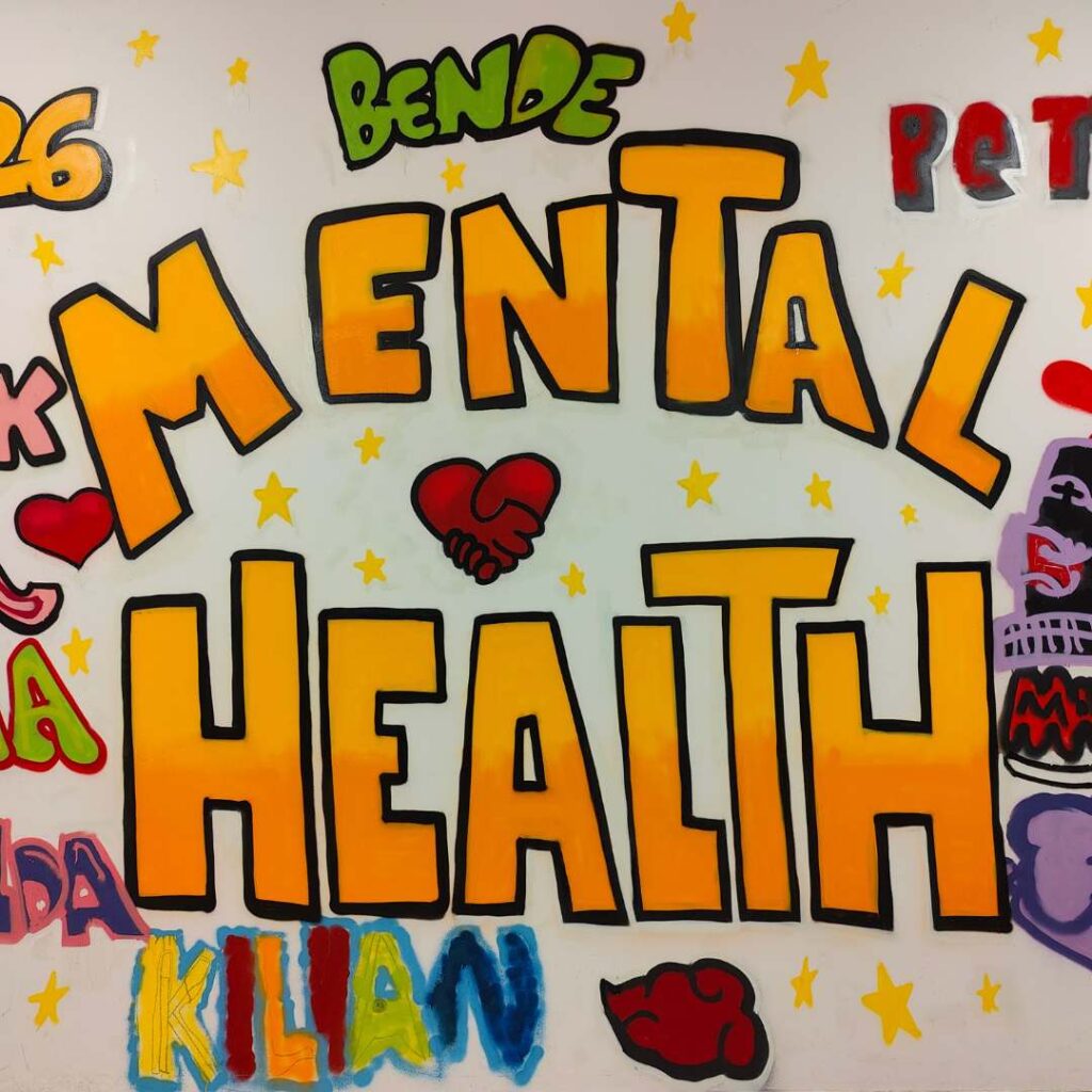 Kunstprojekt Mental Health Coach an Schulen. Graffiti-Wandbild im Keller des Förderzentrums entstanden mit Schülern und dem Künstler Erwa.One. Der Schriftzug Mental Health steht in großen organgenen Farbtönen im Zentrum der Wand. Darum herum Namen der Teilnehmer in verschiedenen Farben, sowie gelbe Sterne als Verbindendes Element.