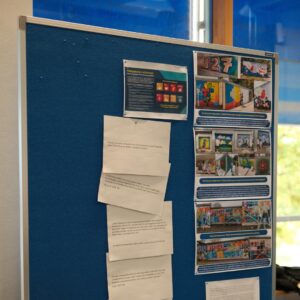 Neue Kulturgeographie Augsburg 2025 "Speculative Geographies of the climate regime" Pinnwand mit dem Redebeitrag von Erwa.one zum Thema "Streetart als Change Agent im neuen Klimaregime" mit diversen kunstpädagogischen Projekten des Künstlers wie das U27 Streetart Stipendium oder die Words for Democracy Aktion