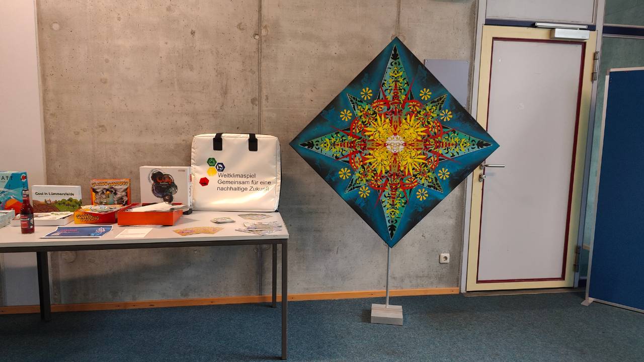 Wissenschaftliche Tagung Neue Kulturgeographie 2025 in Augsburg zum Thema "Speculative geographies of the new climate regime". Ausstellung mit einem Kunstwerk "Sternrose" von Erwa.One, sowie links eine Auswahl an Serious Games Spielen, welche pädagogisch Klimawandel näherbringen