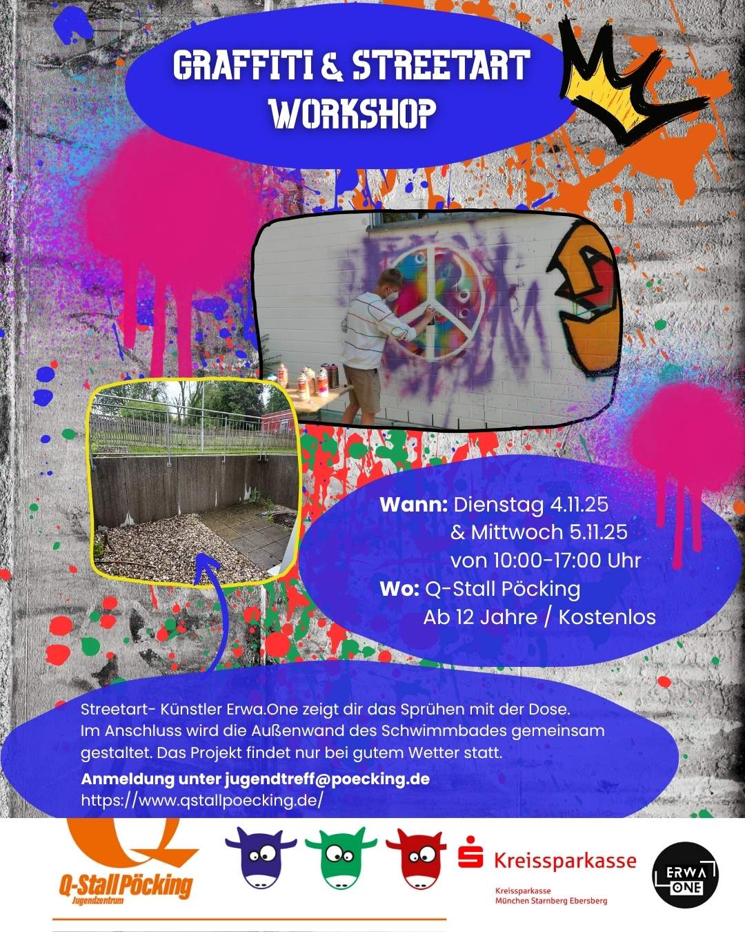 Kunstprojekt offene Jugendarbeit in Pöcking am Starnberger See. Thema des Streetart-Projektes "Unterwasserwelt" auf einer Betonmauer am Schwimmbad von Pöcking. Ankündingungsposter für das Projekt